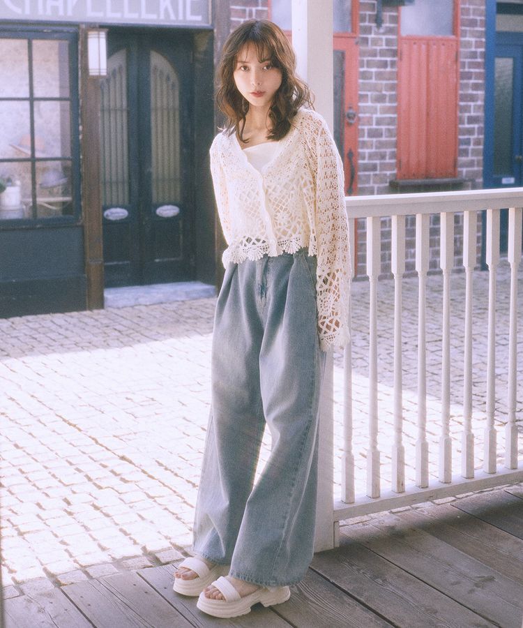 earth music&ecology「クロシェ風Vネックカーディガン」|カーディガン|