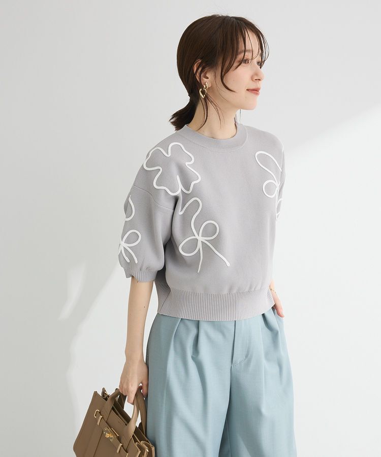 Green Parks「・ELENCARE DUE ライン刺繍5分袖ニット」|ニット・セーター|Gray