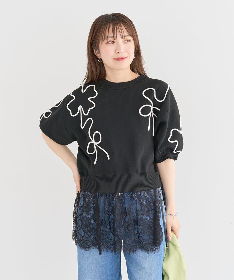 Green Parks「・ELENCARE DUE ライン刺繍5分袖ニット」|ニット・セーター|Black