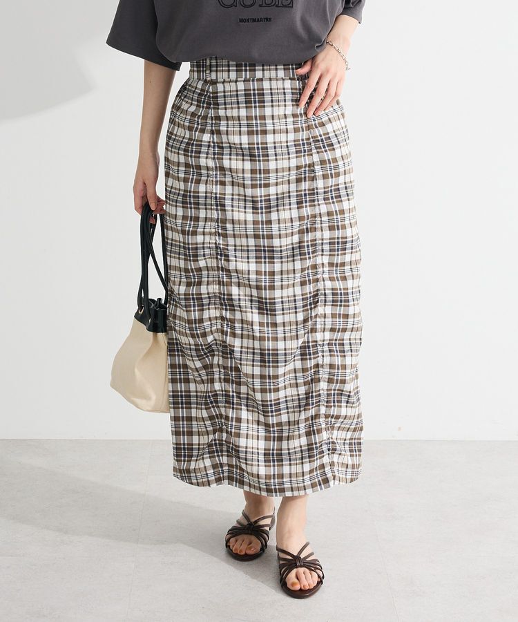 Green Parks「チェック柄シャーリングIラインスカート」|タイト|Khaki