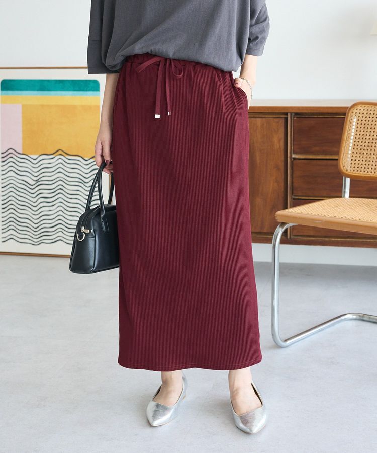 Green Parks「楽ちんIラインリブスカート」|タイト|Bordeaux