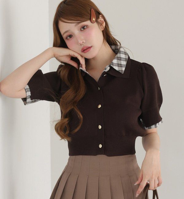  「【リバイバル】今期トレンド/重ね襟半袖ニット」|ニット・セーター|ブラウン