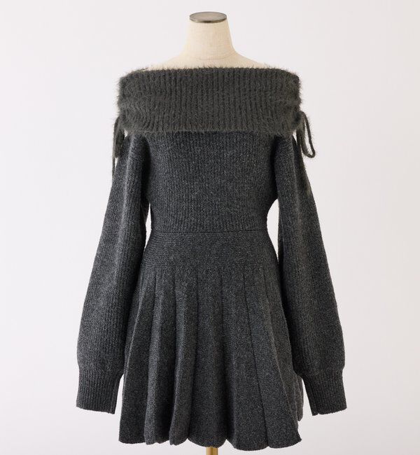  「オフショルプリーツニットミニワンピ」|ワンピース|