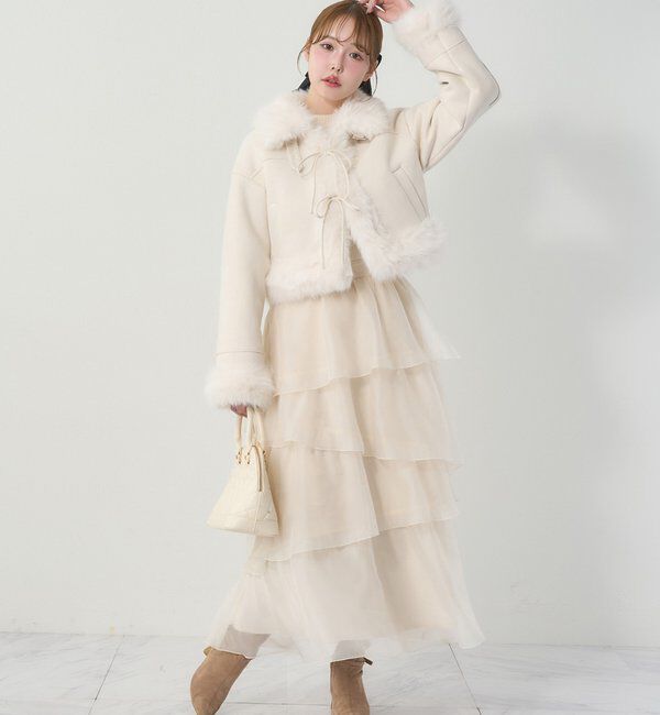  「【リボン取り外し可能】フェイクムートンリボンアウター」|ダウンベスト・ベスト|