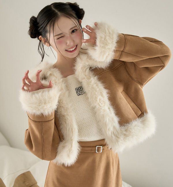  「【リボン取り外し可能】フェイクムートンリボンアウター」|ダウンベスト・ベスト|