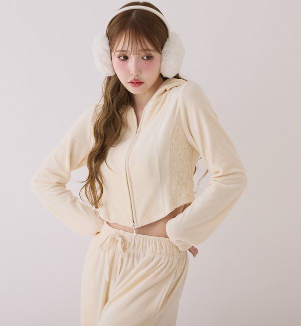  「【セットアップ可能】サイドレースベロアパーカー」|プルオーバー|