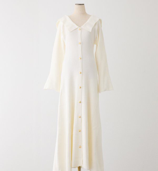  「襟付き金ボタンニットロングワンピース」|ワンピース|