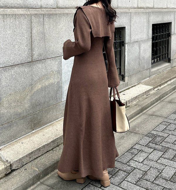  「襟付き金ボタンニットロングワンピース」|ワンピース|
