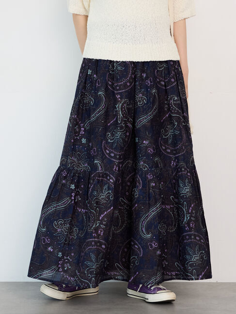 Lugnoncure「【INDIA made】無地/柄アソート切替ギャザースカート」|スカート|ネイビー