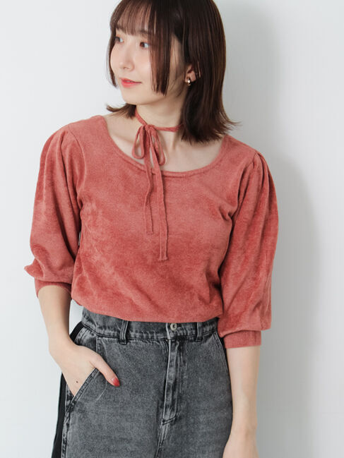 Te chichi TERRASSE「ベロアモール前後2WAYリボンニット《2025autumn catalog item》」|ニット・セーター|レッド