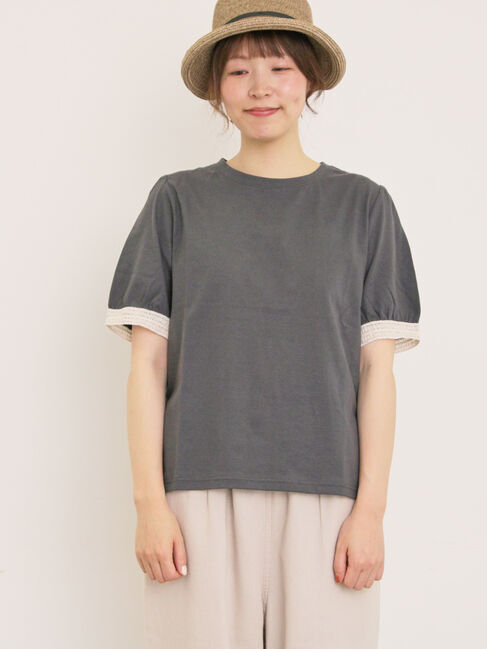 Samansa Mos2「【汗染み防止】袖口レースパフスリーブTシャツ」|Tシャツ・カットソー|