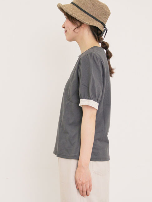 Samansa Mos2「【汗染み防止】袖口レースパフスリーブTシャツ」|Tシャツ・カットソー|