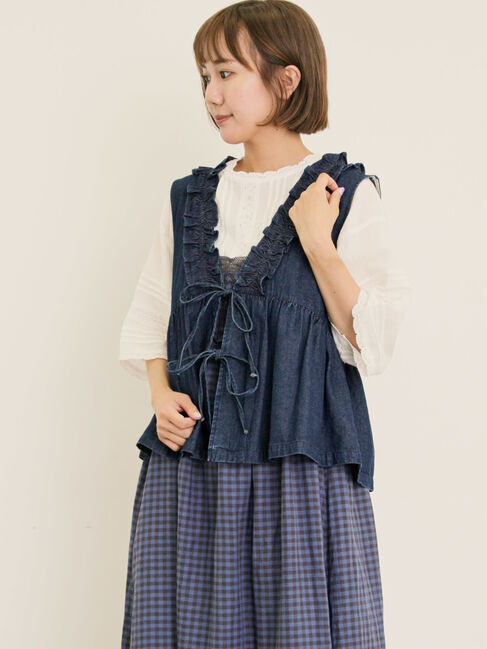 Samansa Mos2「刺繍デニムベスト」|ダウンベスト・ベスト|ネイビー