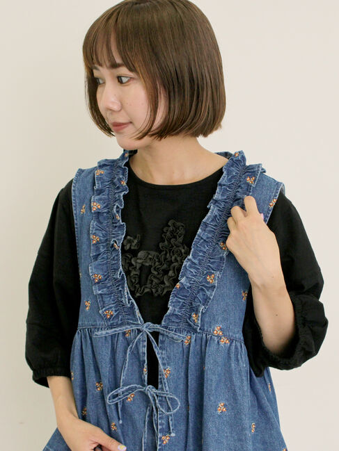 Samansa Mos2「刺繍デニムベスト」|ダウンベスト・ベスト|