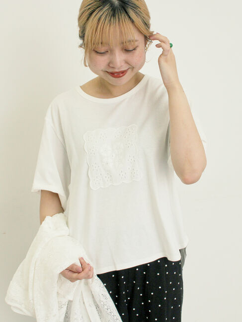 Samansa Mos2「◎レース刺繍Tシャツ」|Tシャツ・カットソー|オフホワイト