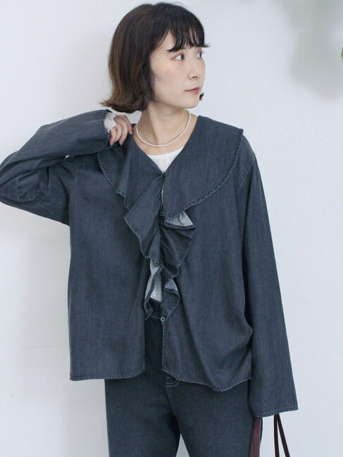 Samansa Mos2 blue「【ECO DENIM 】フリルブラウス」|シャツ・ブラウス|