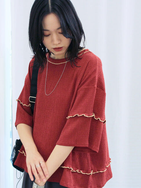 Samansa Mos2 blue「配色メローアソートプルオーバー」|Tシャツ・カットソー|レッド