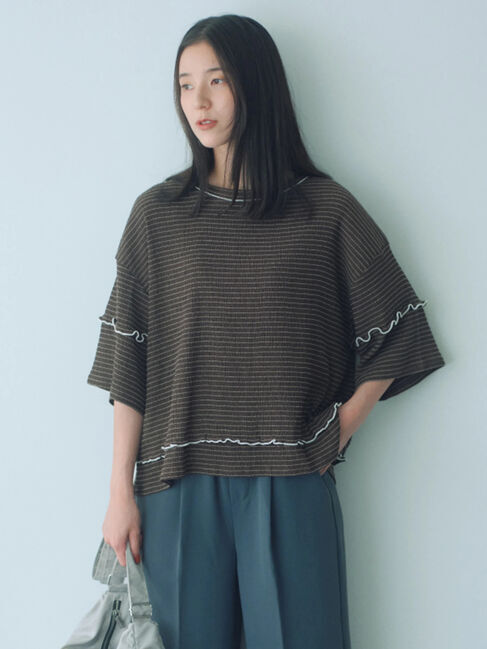 Samansa Mos2 blue「配色メローアソートプルオーバー」|Tシャツ・カットソー|ブラウン