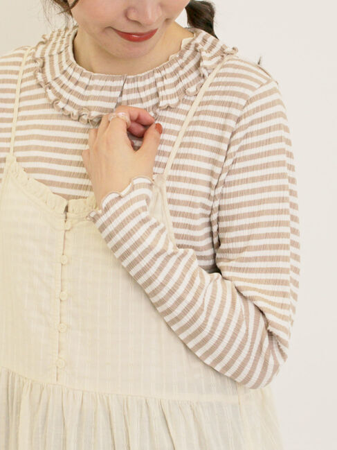 Samansa Mos2「襟付きしぼしぼボーダーカットソー」|Tシャツ・カットソー|ベージュ