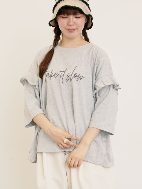 Samansa Mos2「[接触冷感]袖フリルロゴ刺繍Tシャツ」|Tシャツ・カットソー|グレー