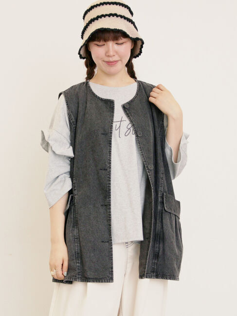 Samansa Mos2「デニム/ツイルクルーネックベスト」|ダウンベスト・ベスト|ブラック