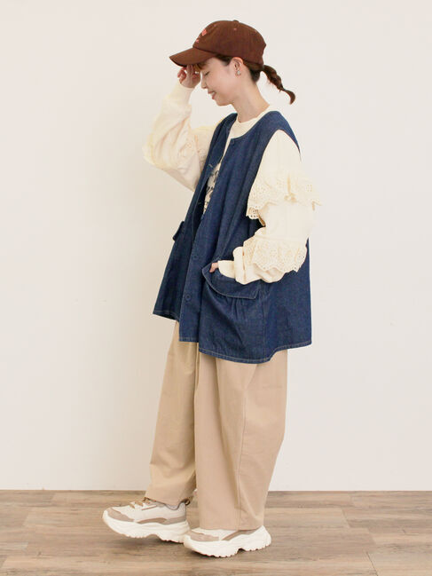 Samansa Mos2「デニム/ツイルクルーネックベスト」|ダウンベスト・ベスト|