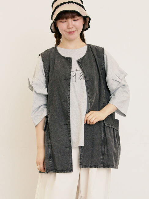 Samansa Mos2「デニム/ツイルクルーネックベスト」|ダウンベスト・ベスト|