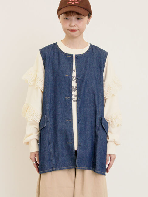 Samansa Mos2「デニム/ツイルクルーネックベスト」|ダウンベスト・ベスト|