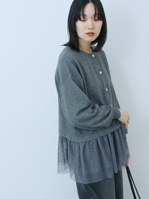 Samansa Mos2 blue「ペプラムチュールニットカーディガン」|カーディガン|