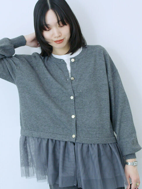 Samansa Mos2 blue「ペプラムチュールニットカーディガン」|カーディガン|
