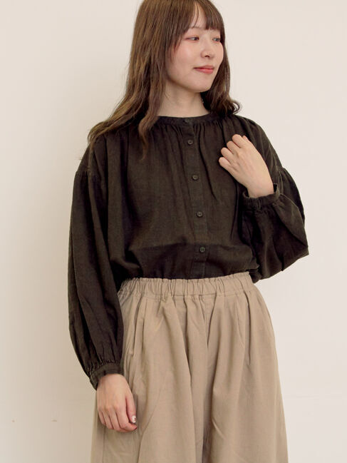 Samansa Mos2「【Cross&times;Linen】ギャザーブラウス」|シャツ・ブラウス|チャコールグレー