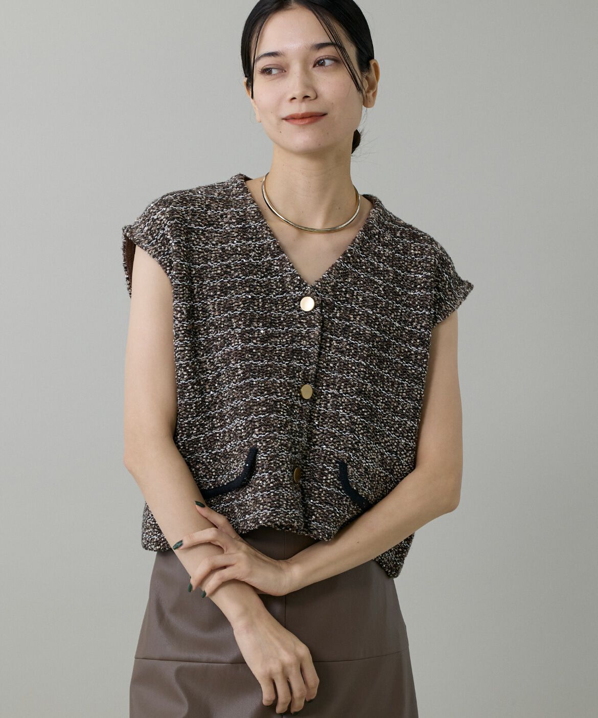 INED「ツイード風ジレ」|ダウンベスト・ベスト|ブラウン