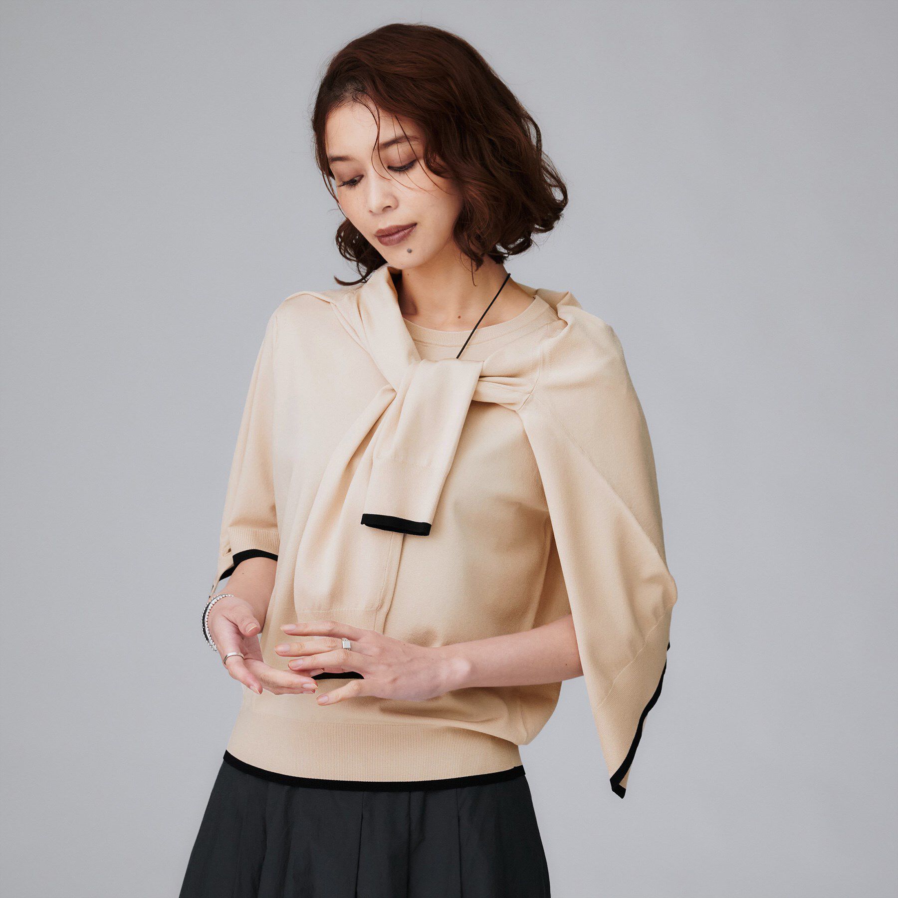 UNTITLED「【アンサンブル可/薄手/洗える】5分袖クルーニット」|ニット・セーター|