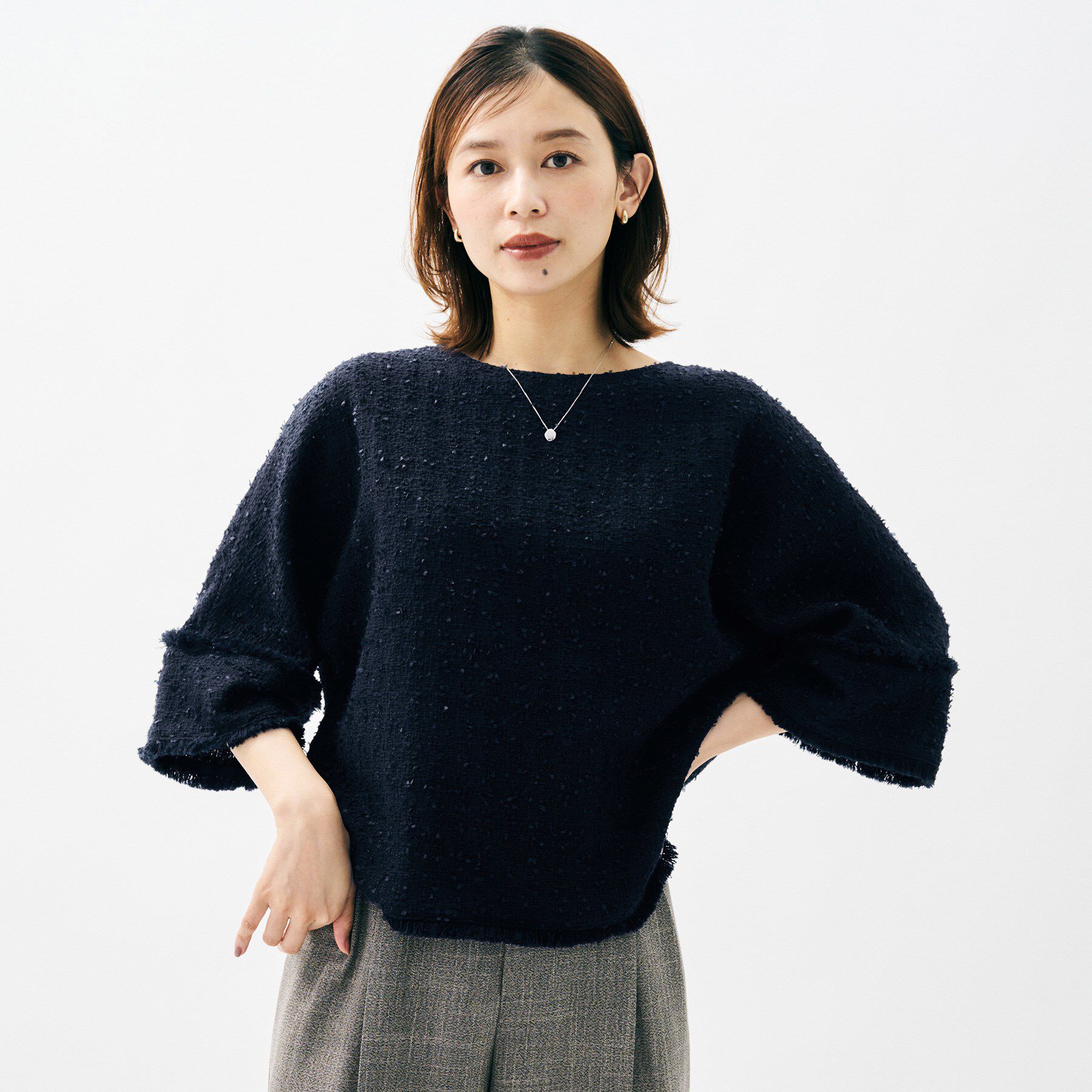 UNTITLED「【きれいめ／体型カバー】ツイードドルマントップス」|シャツ・ブラウス|ネイビー(494)