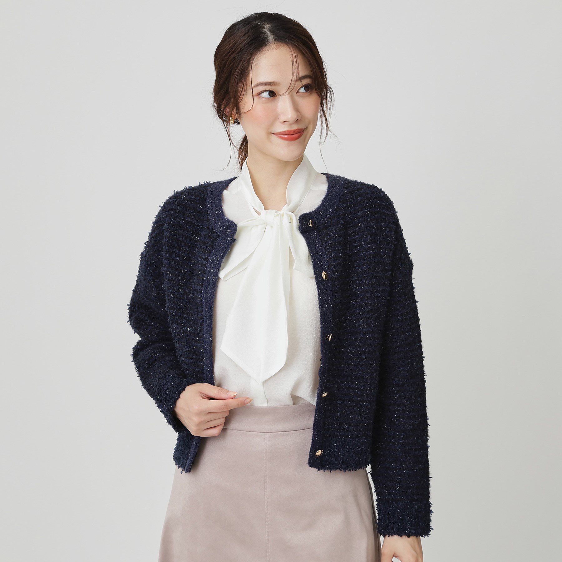 COUP DE CHANCE「【手洗い可】ラメフェザーのニットカーディガン」|カーディガン|ネイビー(494)