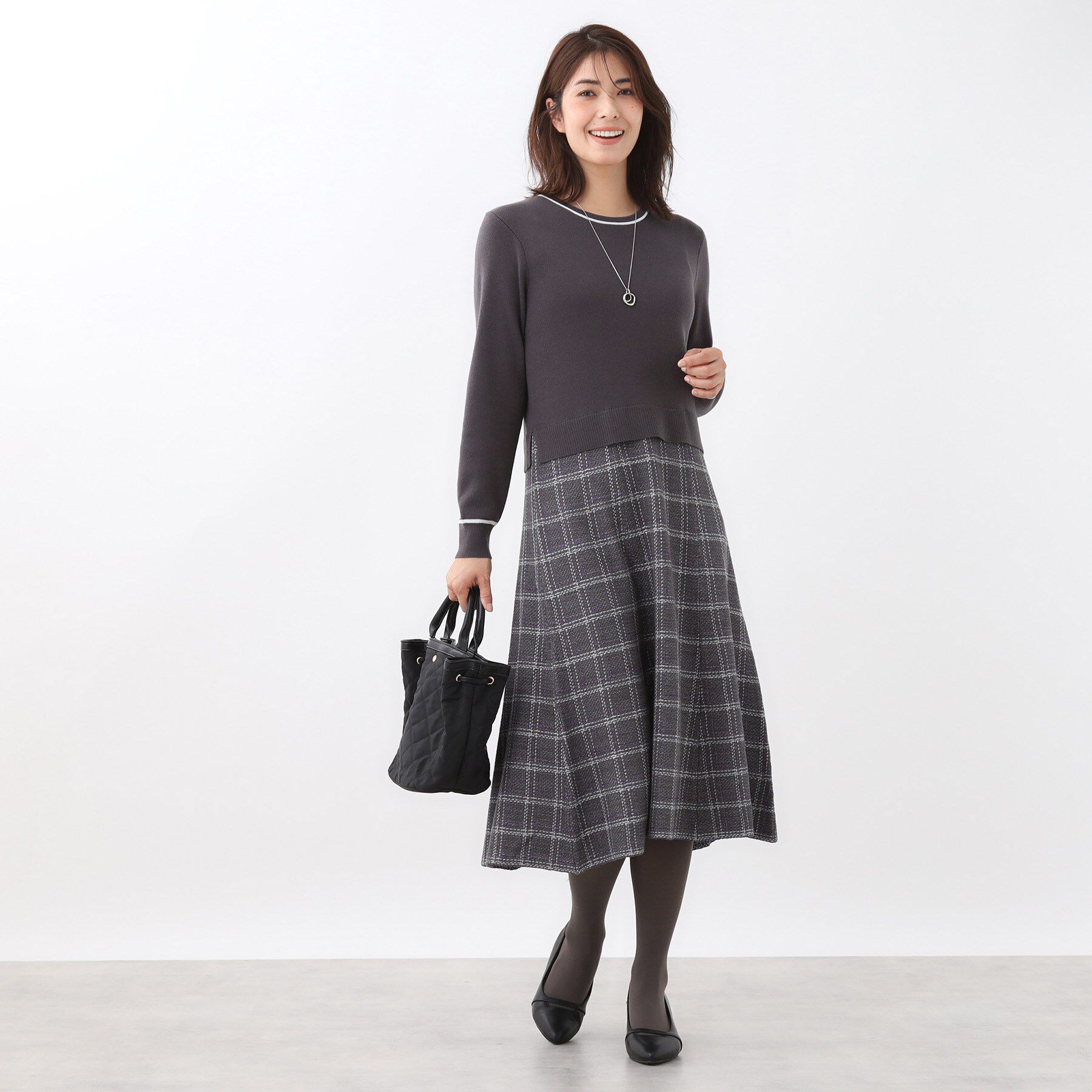 Reflect「【コートインでもすっきり◎】チェック柄ニットドッキングワンピース」|ワンピース|