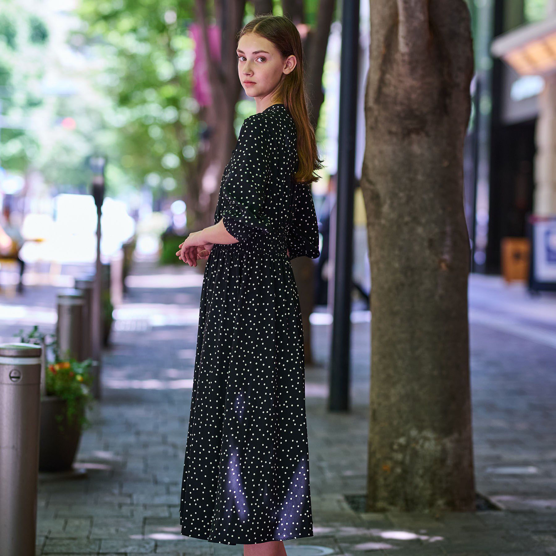 DRESSTERIOR「【手洗い可】ウエストシャーリングドットワンピース」|ワンピース|