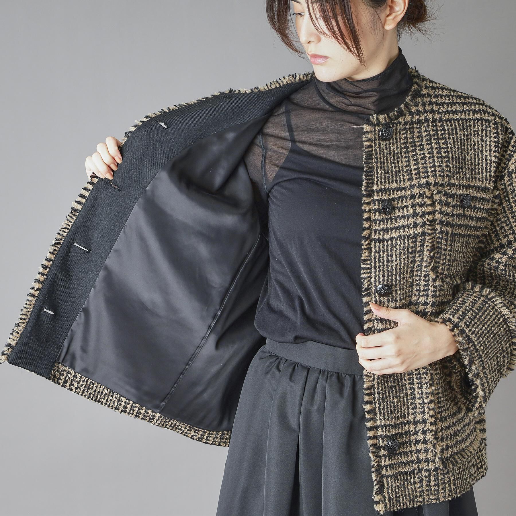 DRESSTERIOR「グレンチェックツイードショートコート」|ノーカラージャケット|