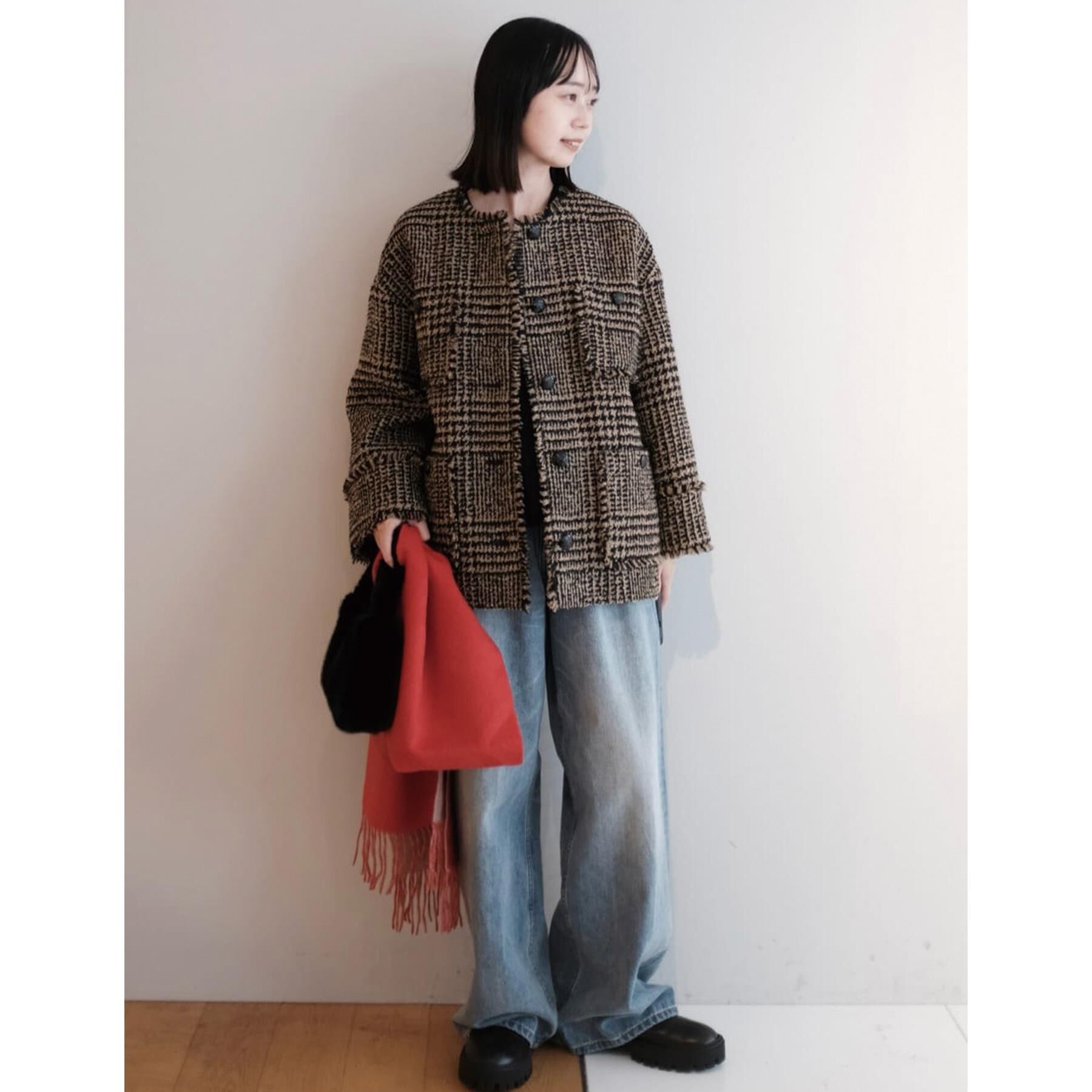 DRESSTERIOR「グレンチェックツイードショートコート」|ノーカラージャケット|