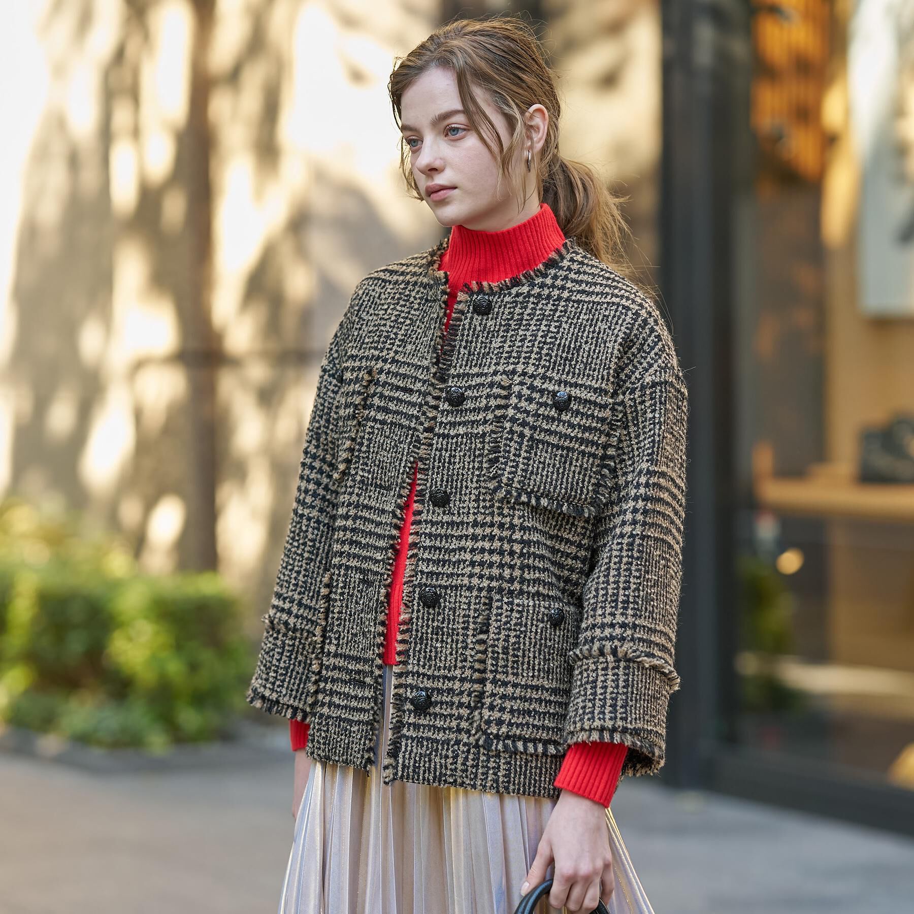 DRESSTERIOR「グレンチェックツイードショートコート」|ノーカラージャケット|