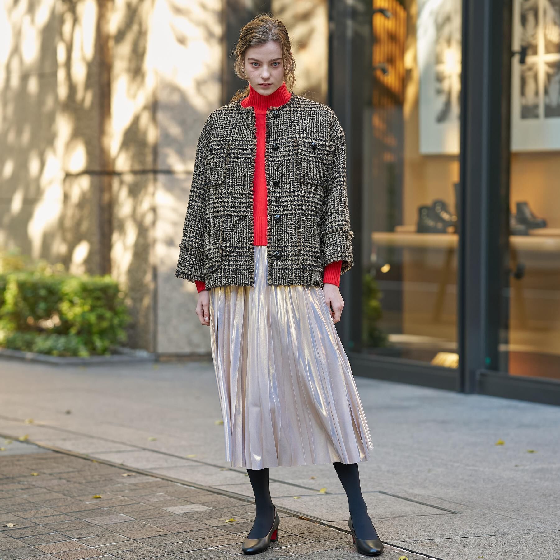 DRESSTERIOR「グレンチェックツイードショートコート」|ノーカラージャケット|