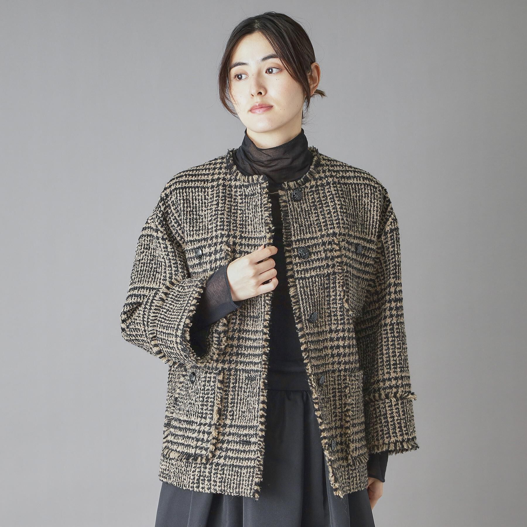 DRESSTERIOR「グレンチェックツイードショートコート」|ノーカラージャケット|
