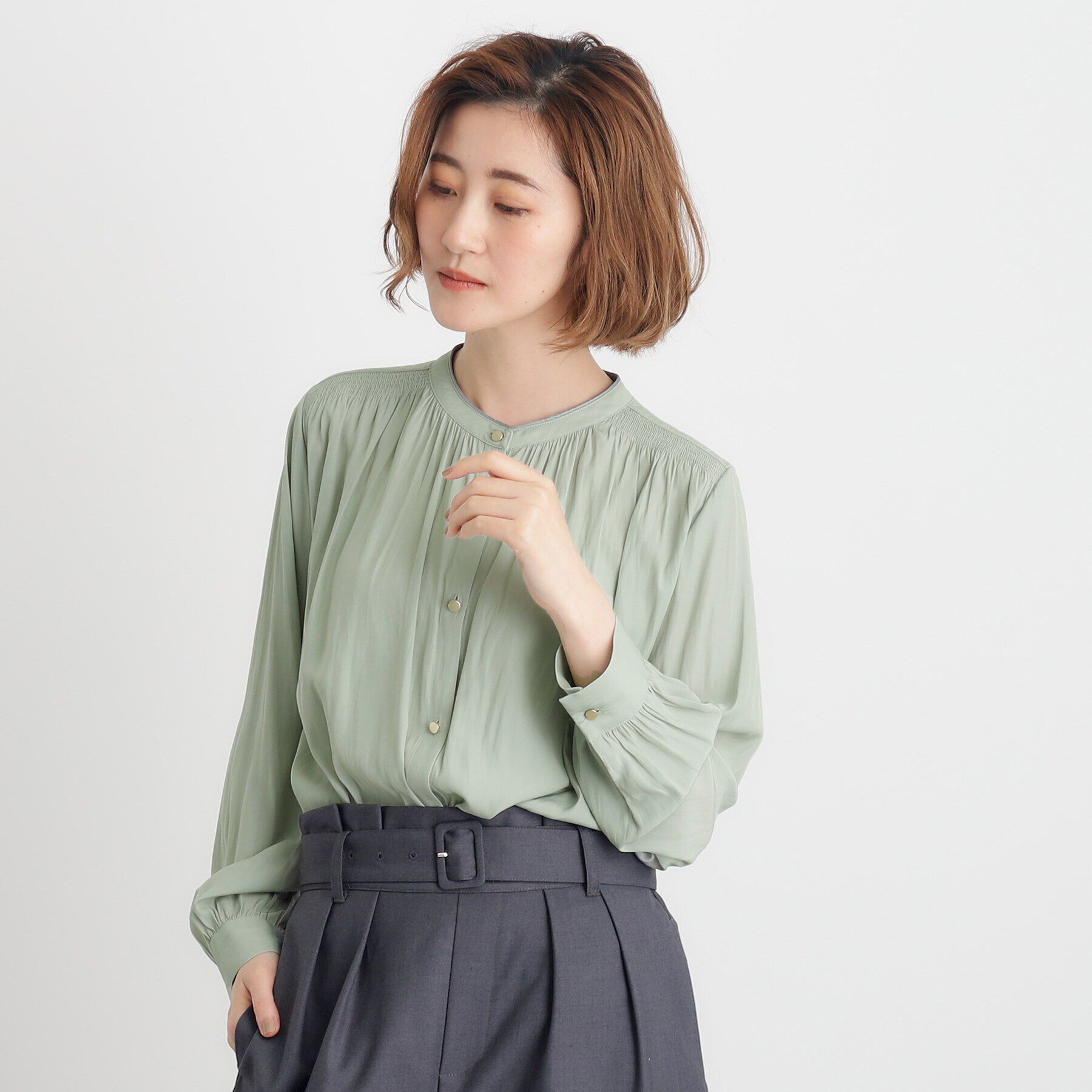 grove「＜ご自宅で洗える＞ヴィンテージサテン9分袖ブラウス」|シャツ・ブラウス|