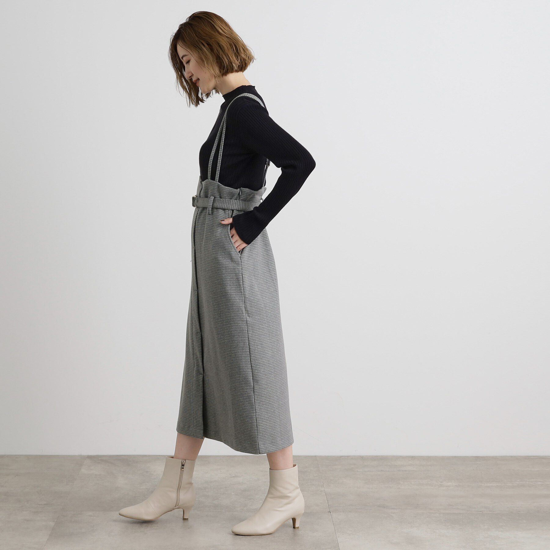grove「起毛ジャージーナローストラップ付きスカート」|ジャンパースカート|