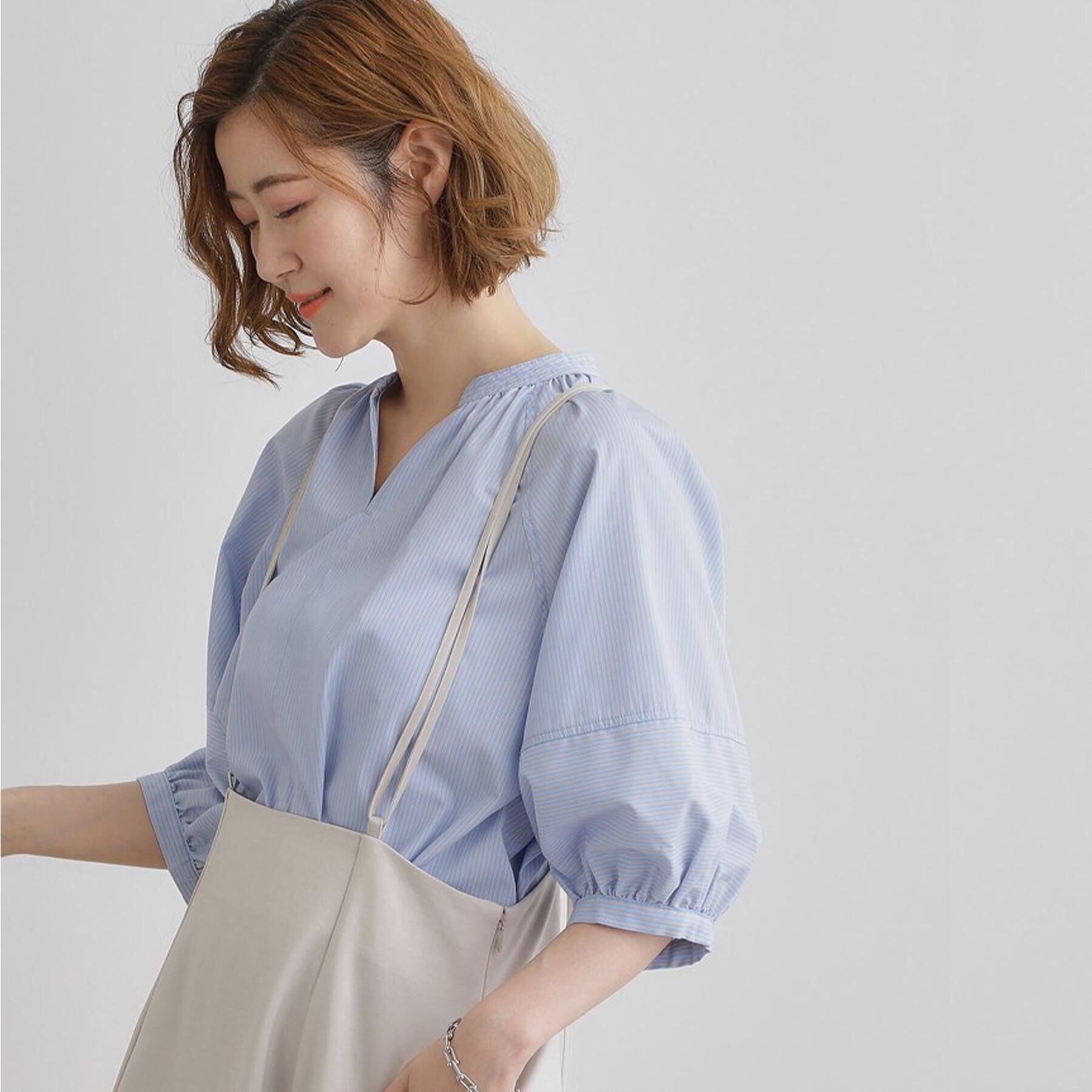 grove「【夏に嬉しい機能付き】ランタンスリーブシャツブラウス」|シャツ・ブラウス|ブルーストライプ(3