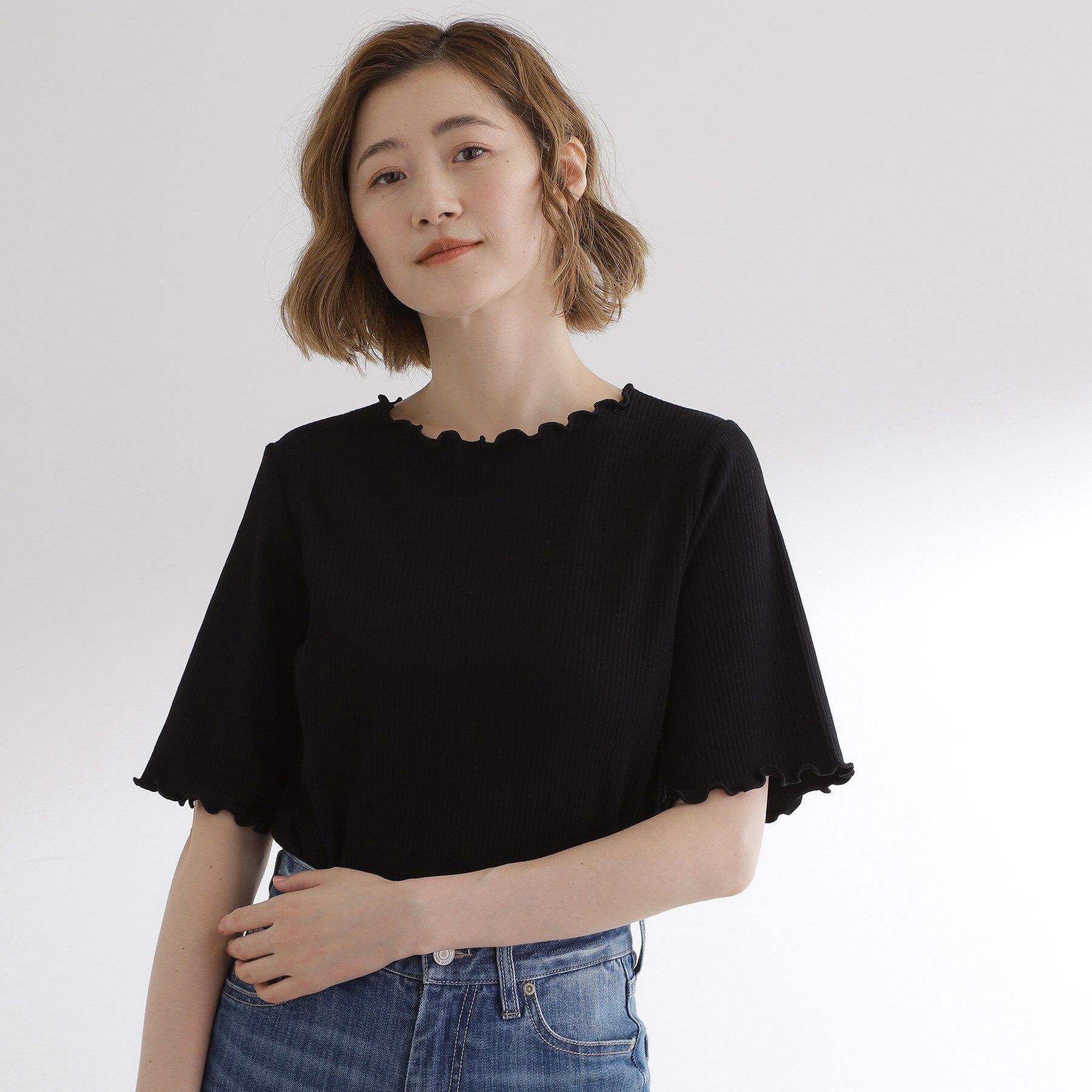 grove「一枚でもレイヤードでも楽しめる　マルチな5分袖プルオーバー」|Tシャツ・カットソー|ブラック(019)