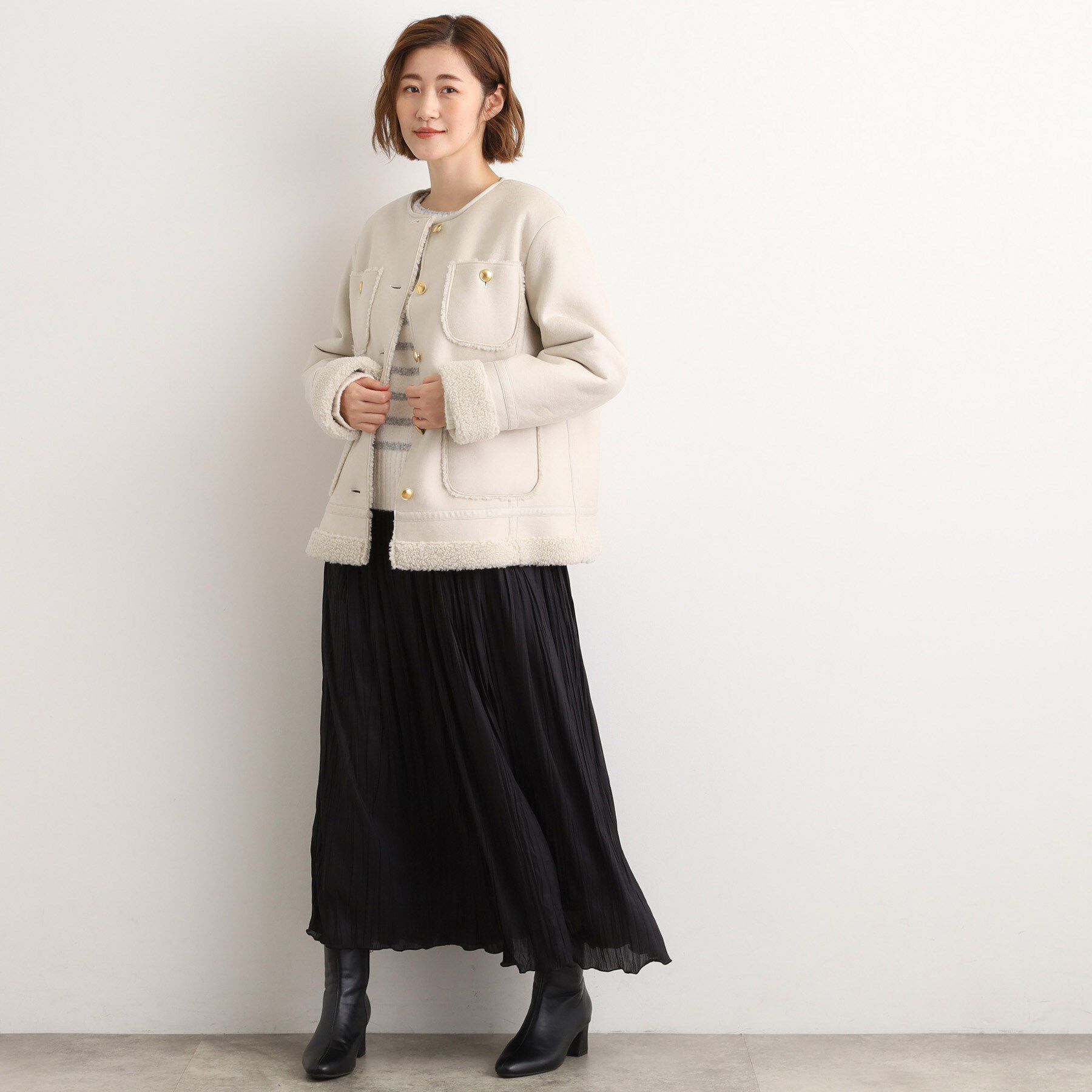 grove「フェイクムートンボアジャケット」|ノーカラーコート|