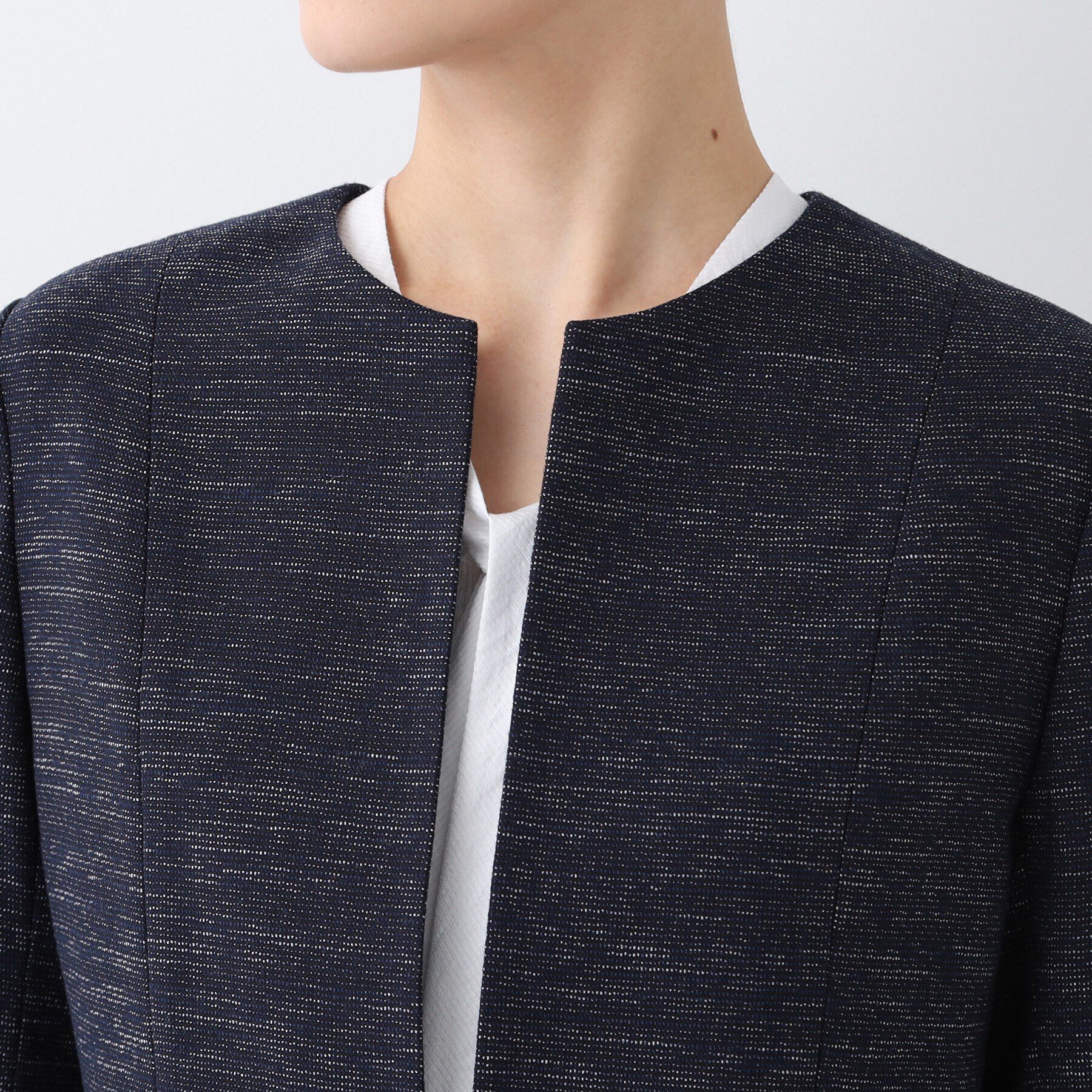 INDIVI「【洗える】ストレッチツィードジャケット」|ノーカラージャケット|