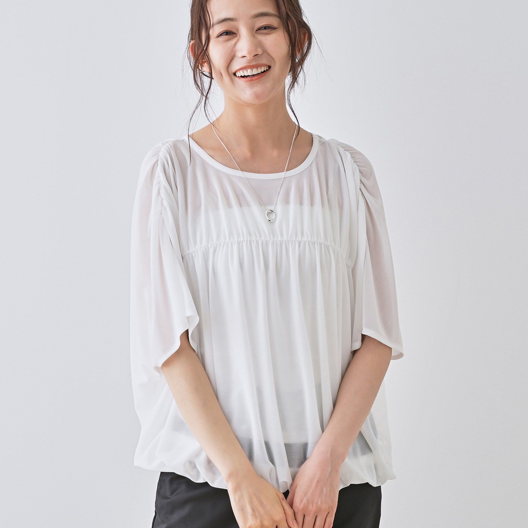 INDIVI「【洗える／体型カバー】シャーリングシアートップス」|Tシャツ・カットソー|