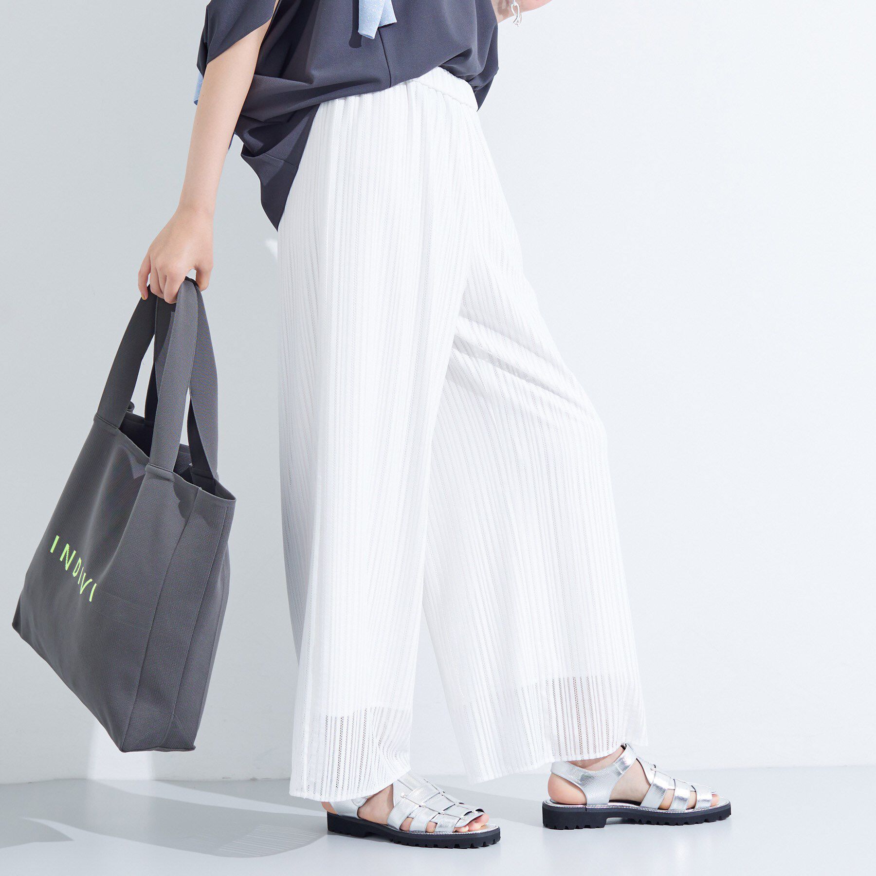 INDIVI「【洗える／セットアップ可能】ラッセルワイドパンツ」|その他|ホワイト(001)